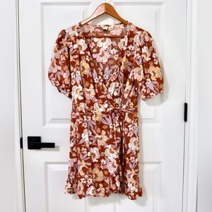 Roxy Floral Wrap Mini Dress in Rust, Pink & Cream, ruffles, fit & flare, beach